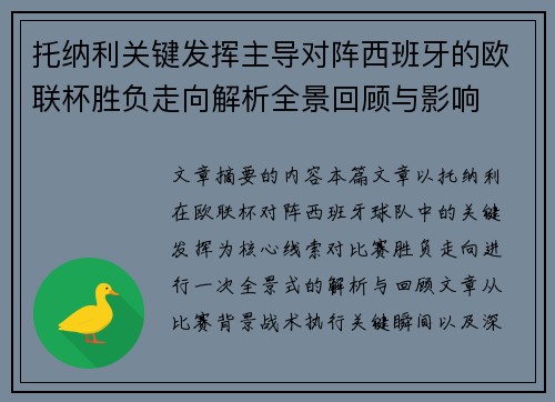 托纳利关键发挥主导对阵西班牙的欧联杯胜负走向解析全景回顾与影响